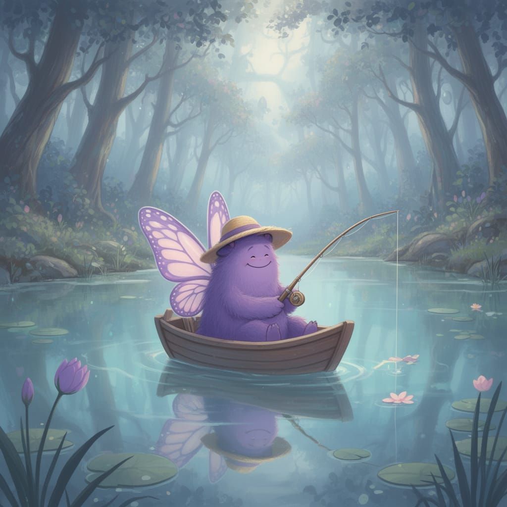 Fluffy Purple Monster Enjoys Boat Ride on Crystal Lake