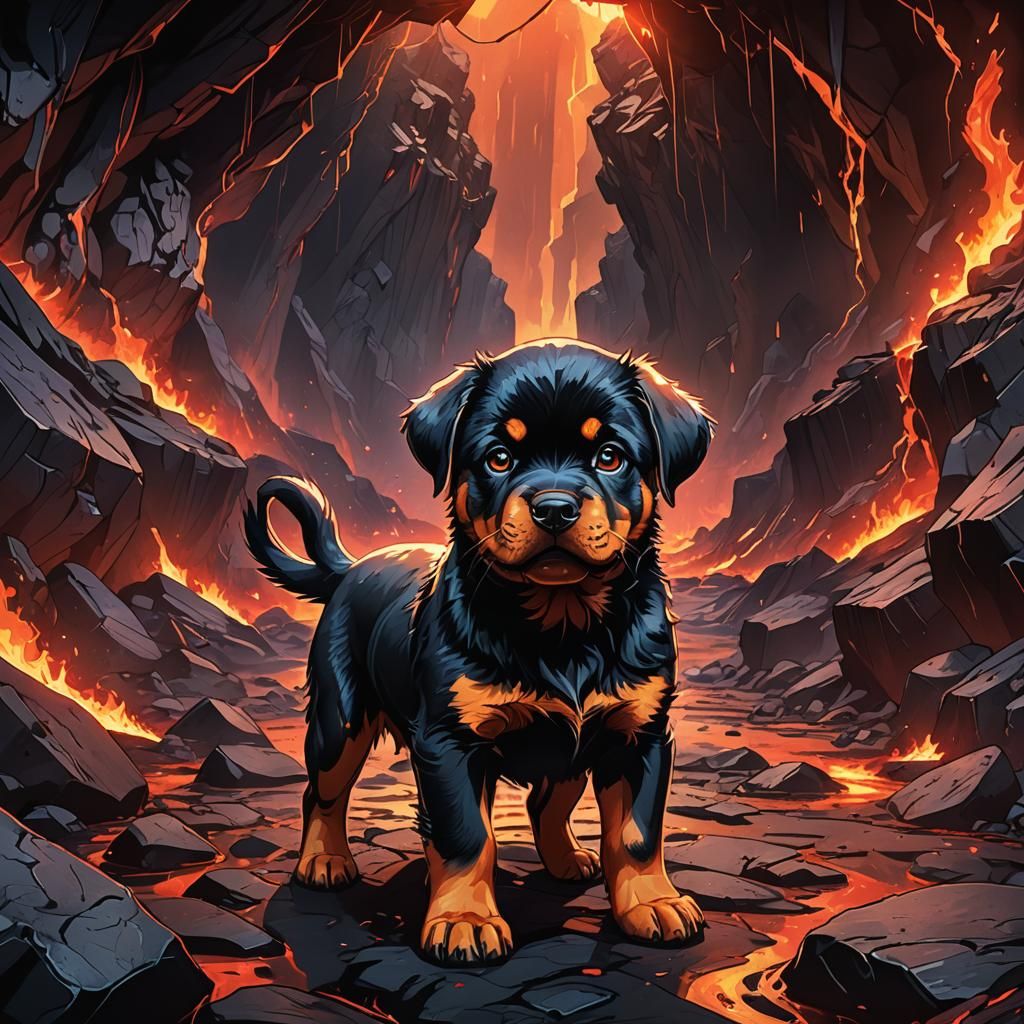 Anime Rottweiler Hellhound Puppy in Fiery Cavern