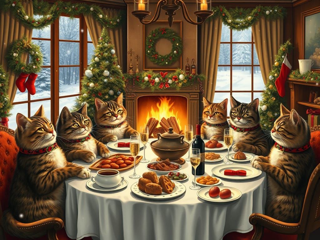 Elegant Feline Christmas Gathering in a Cozy Winter Wonderla...