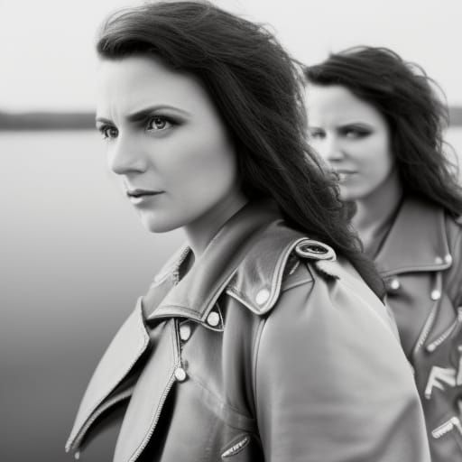 portrait, 2 women, twins, hair tousled from the wind, dressed in a leather jacket, looking at the lake, black and white ...