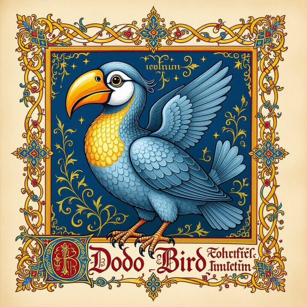 Ornate Medieval Dodo Bird Illuminated Manuscript Illustratio...