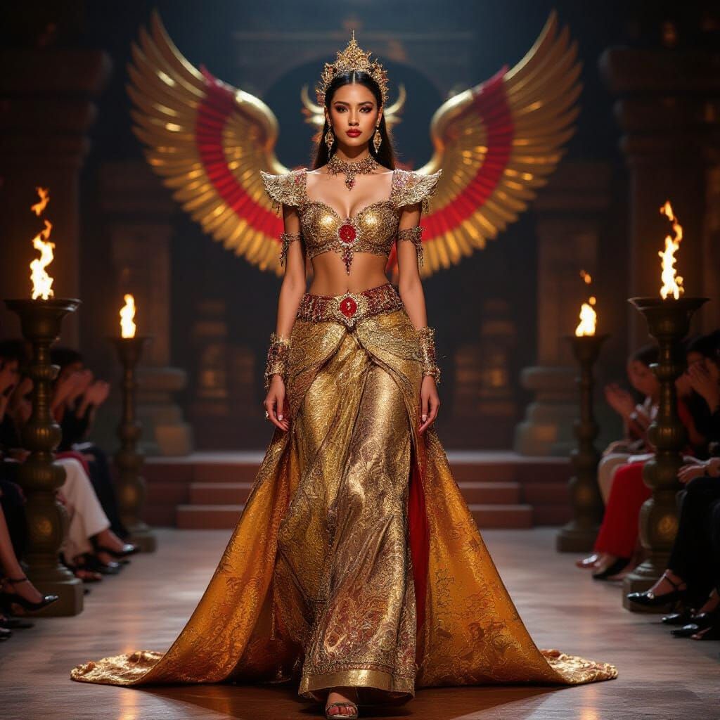 Indonesian Runway Scene with Garuda in Cinematic Futurism