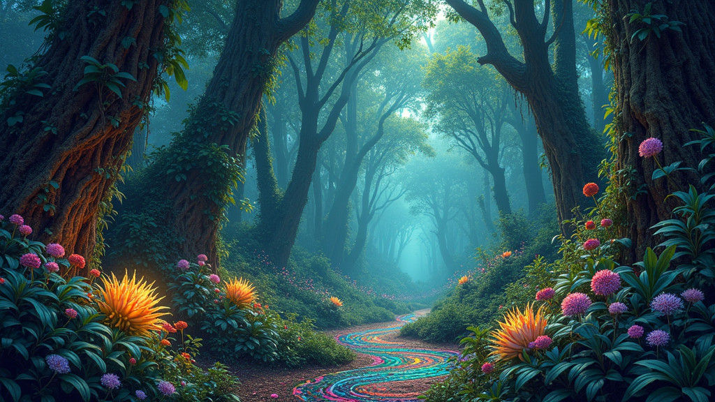 Mystical Forest with Glowing Plants and Swirling Seeds