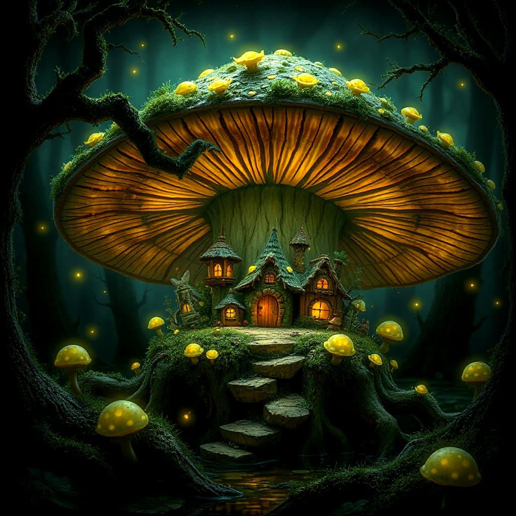 Bioluminescent Fairy Village in Giant Mushroom