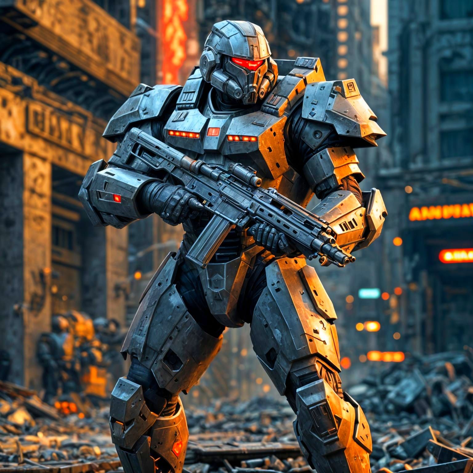 Futuristic Heavy Infantryman in Ruined City, 3D Render