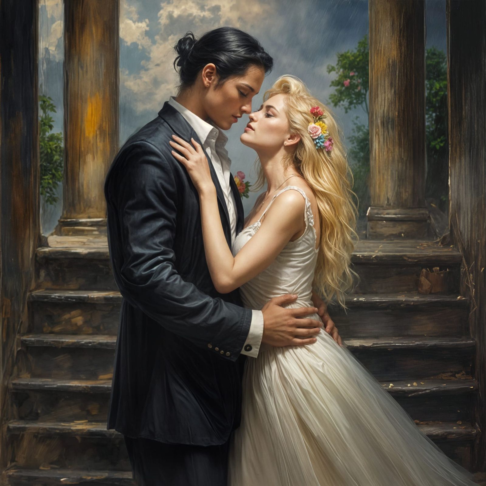 Two Women Share Tender Kiss in Stormy Stairway