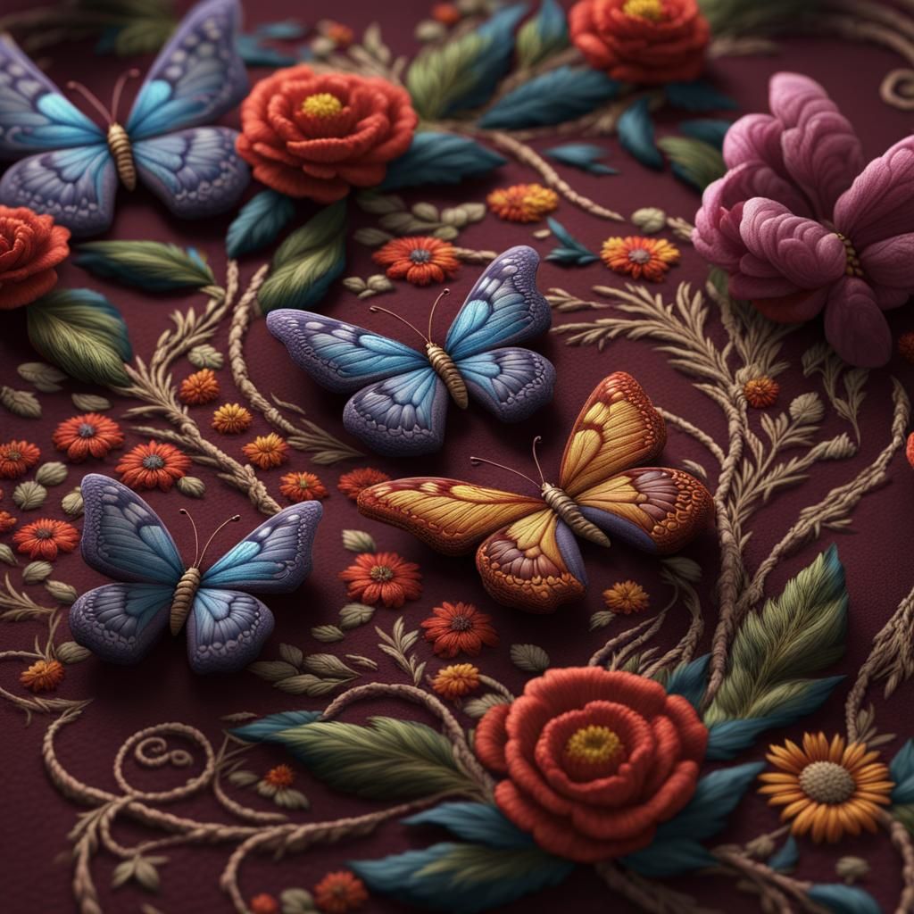 Embroidered Butterflies and Flower: Detailed Matte Painting