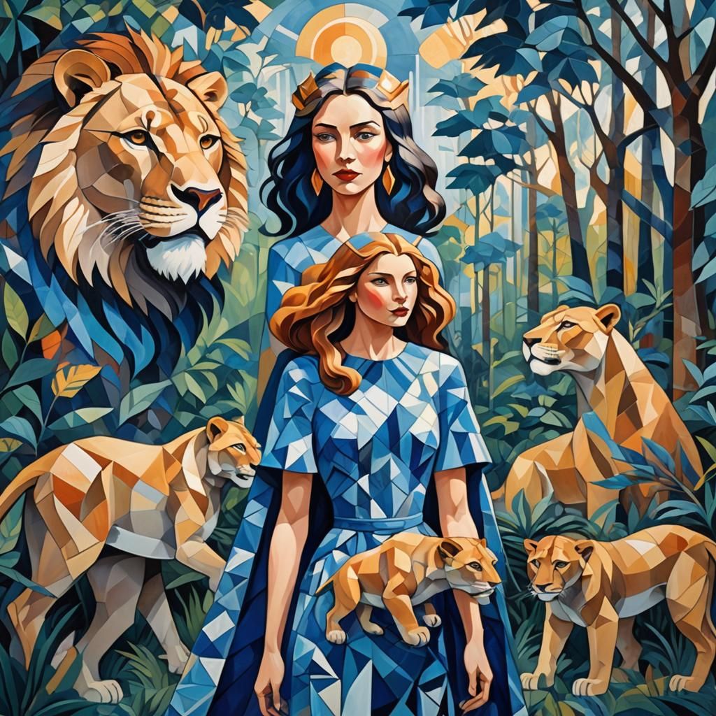 Neo-Cubist Woman with Lions in Art Deco Style