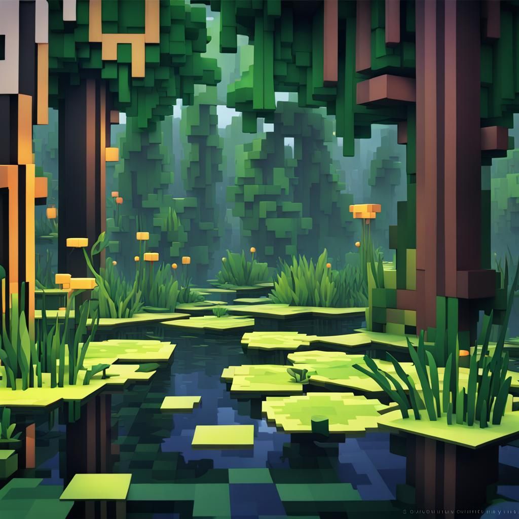 Minecraft Overgrown Swamp Witch Hunt in Cubist Style