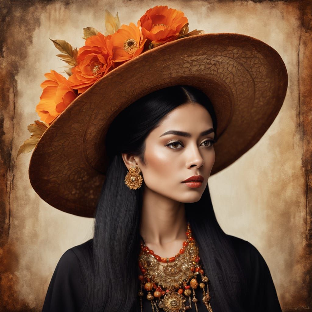 Latin American Goddess in Vibrant, Oversized Floral Hat
