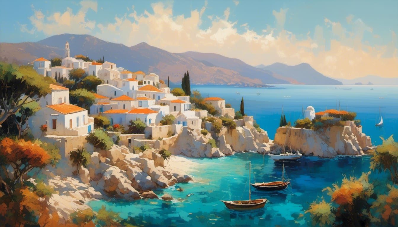 Greek Island Archipelago Map in Dreamy Concept Art Style