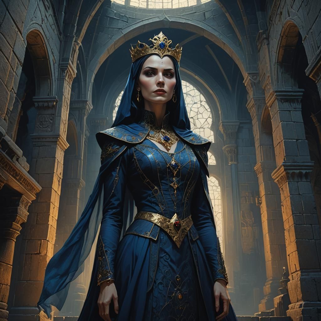 Dark Fantasy Empress in Ancient Castle, Digital Matte Painti...