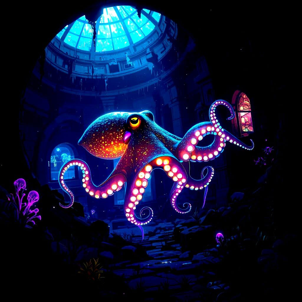Bioluminescent Octopus in Sunken Alien City