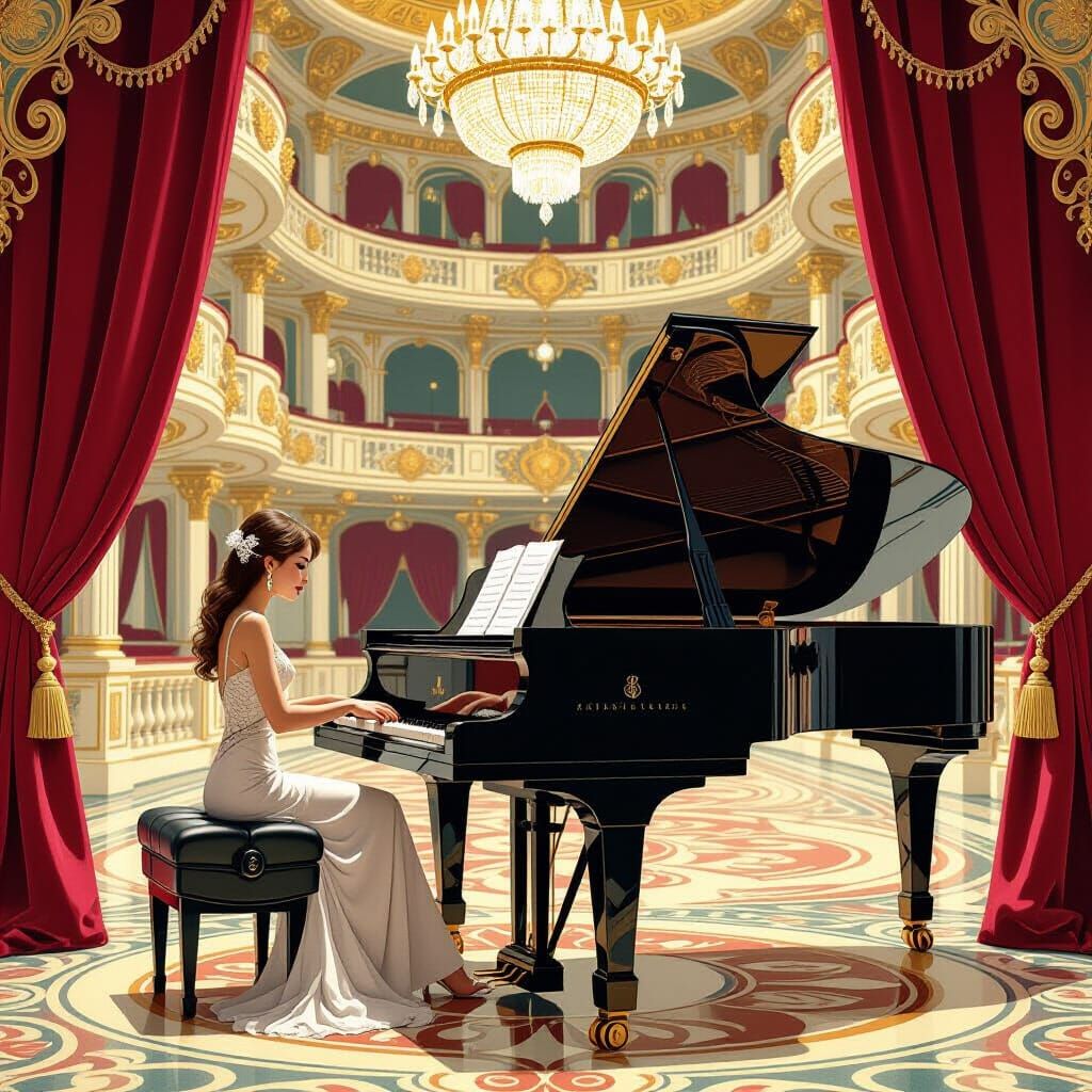 Woman Plays Piano in Lavish Hall, Art Nouveau Style