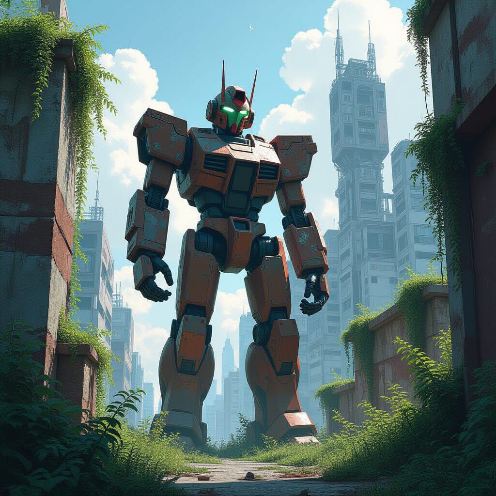 Anime-Inspired Robotic Statue in Retro-Futuristic Ruins