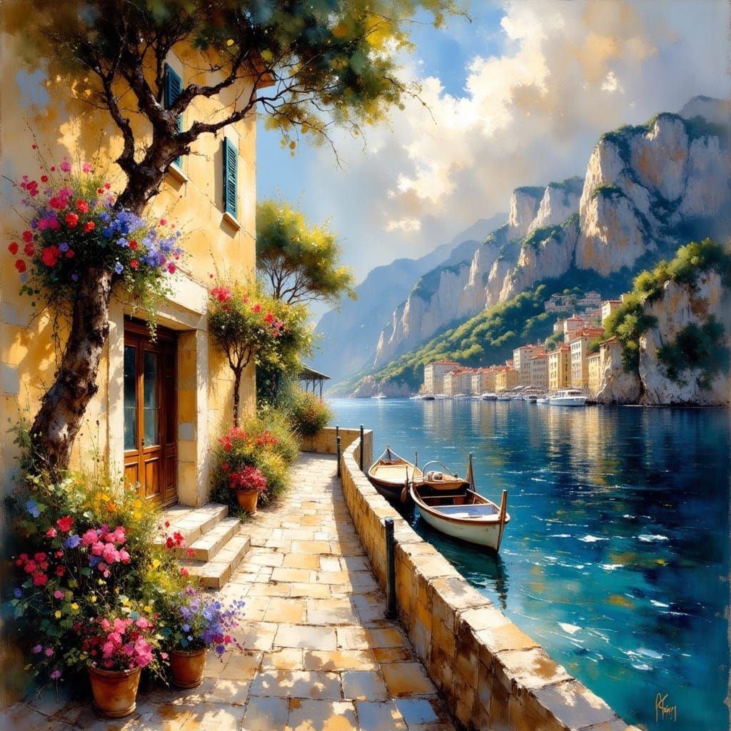 Monaco Coast at Evening in Impressionist Style