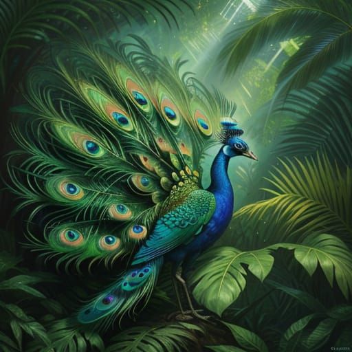 Peacock Displays Feathers in Lush Rainforest