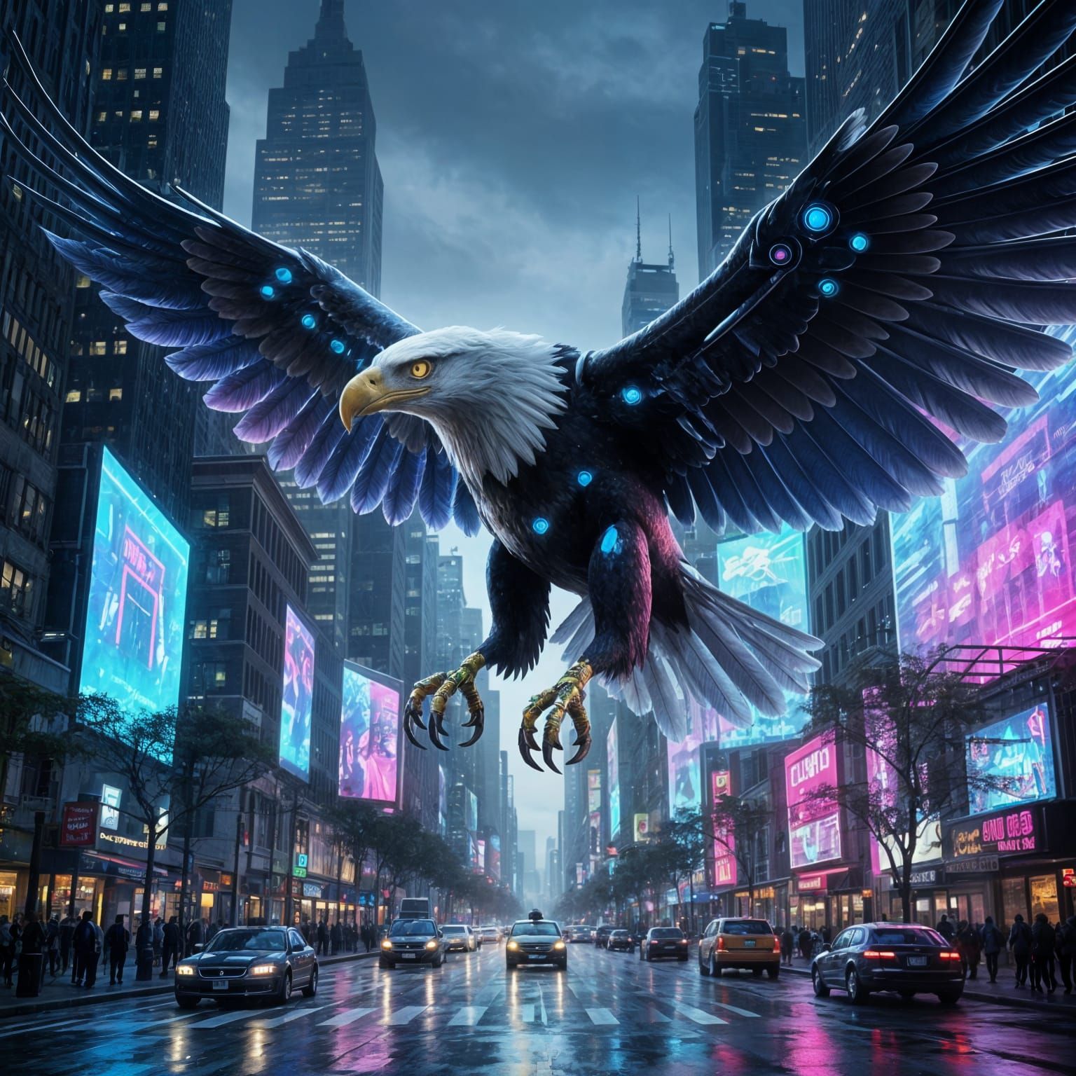 Cybernetic Eagle Soars Through Neon Metropolis