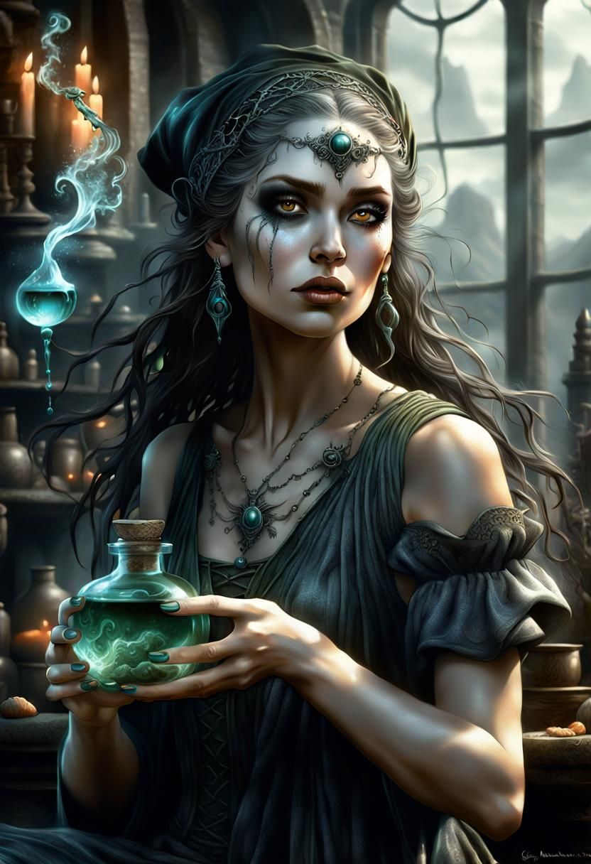 Sulky Witch Girl Offers Potion: Fantasy Art