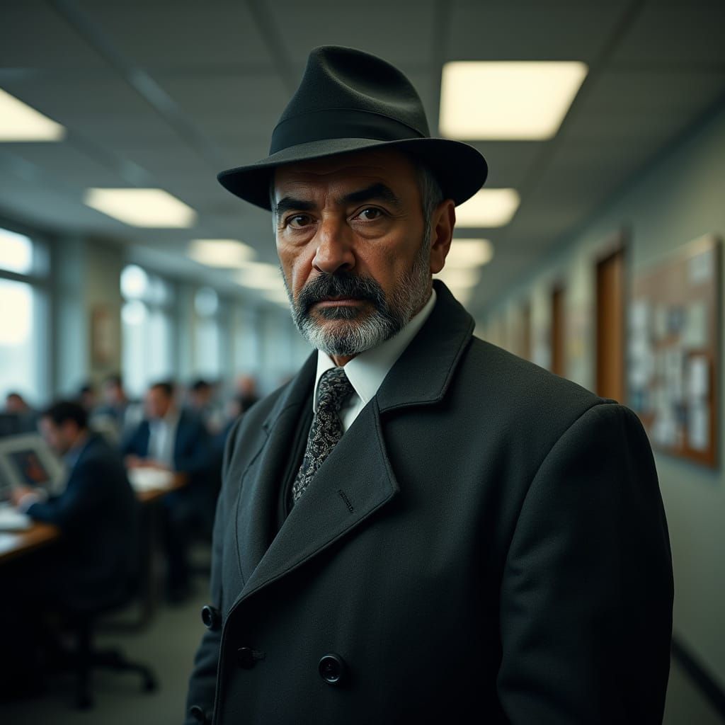 Dignified Iranian Man in Charcoal Grey Trench Coat, Sharp Ey...