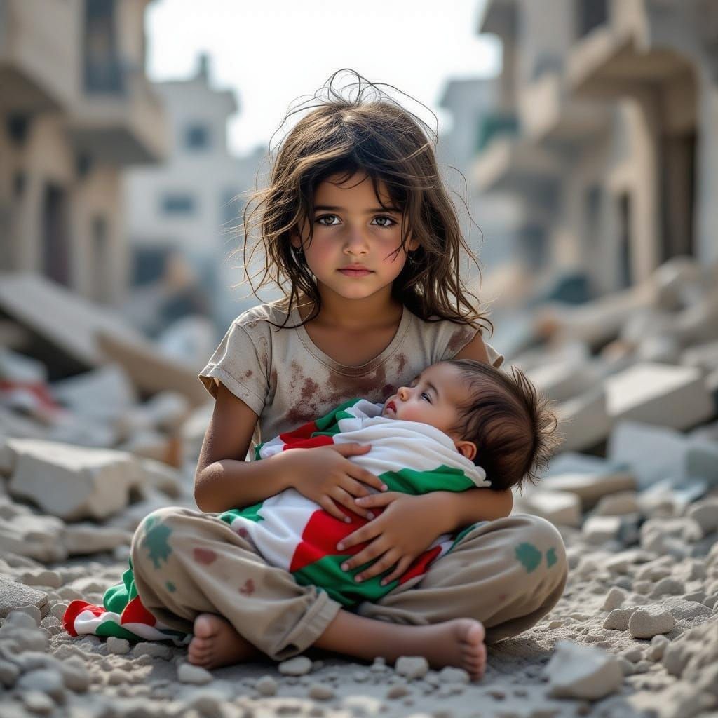 Tragic Girl Holding Baby Amidst Rubble