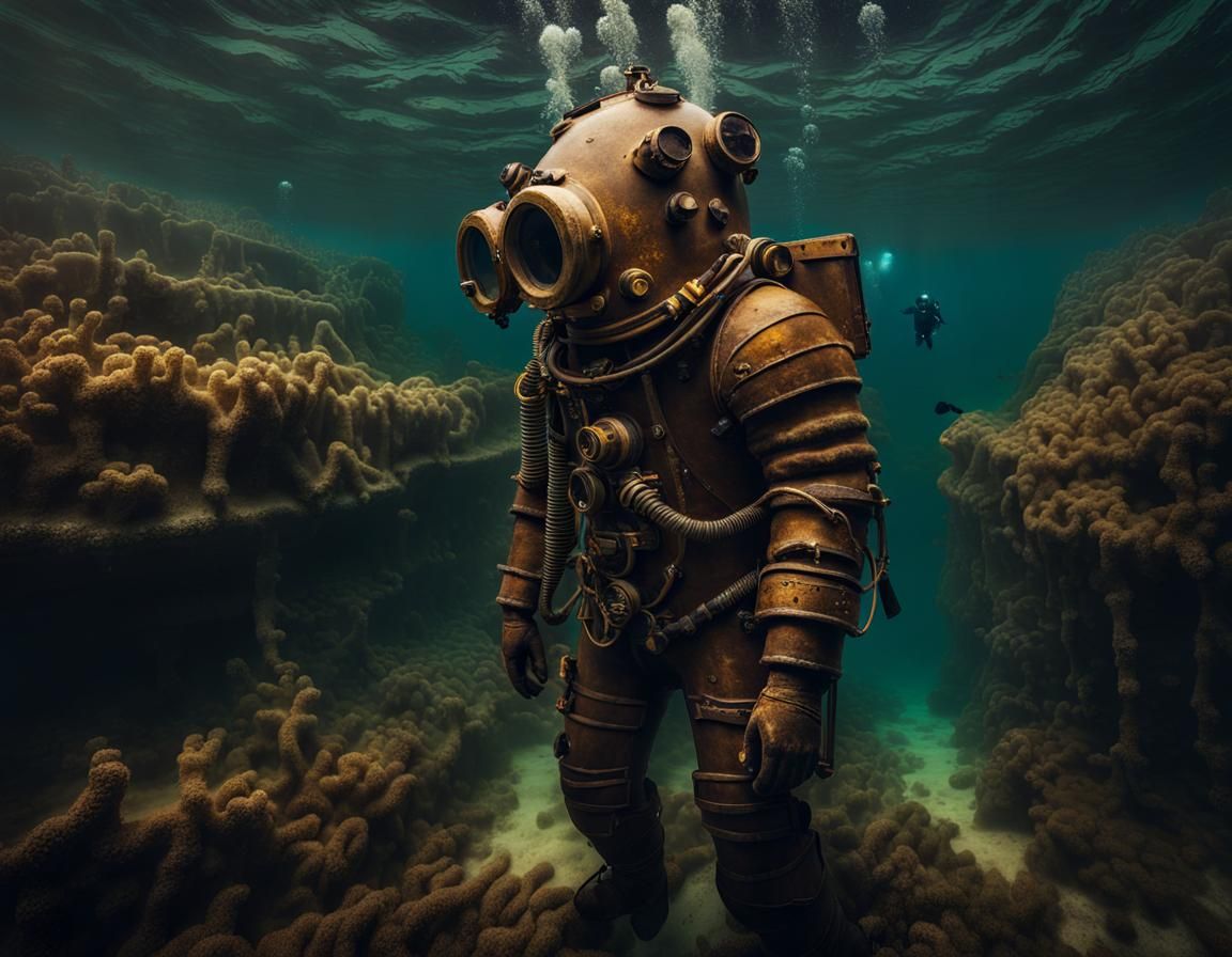 Underwater Explorer Wearing Diving Helmet