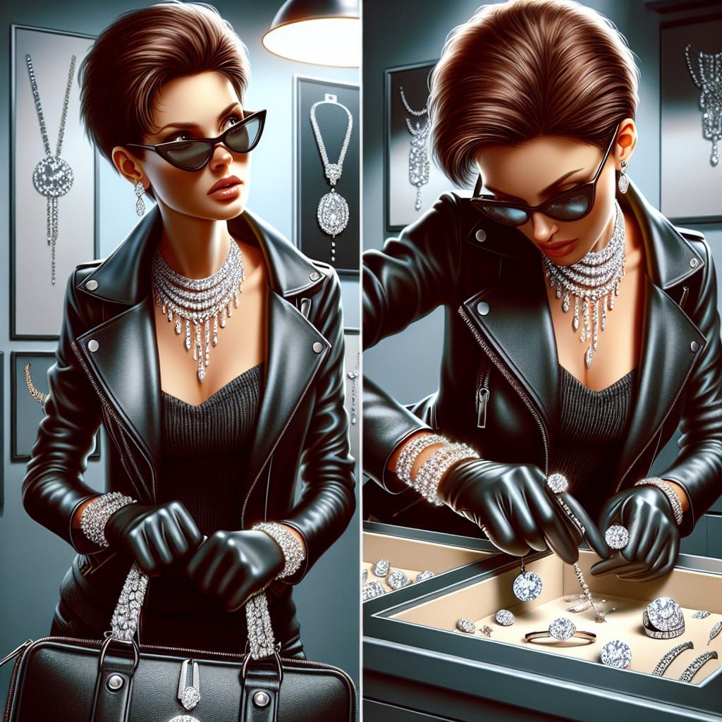Woman Stealing Diamonds in Leather Outfit