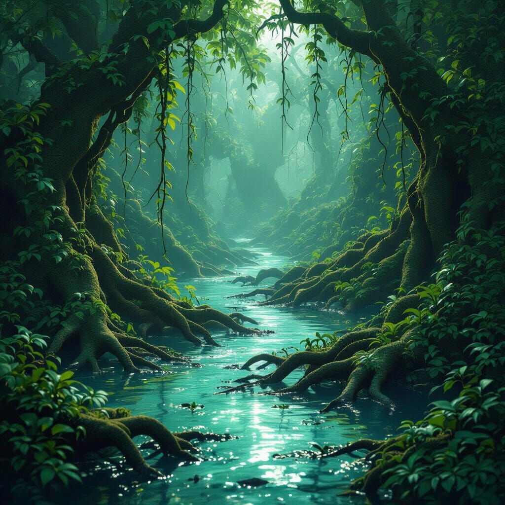 Flooded Verdant Labyrinth with Magical Distortions