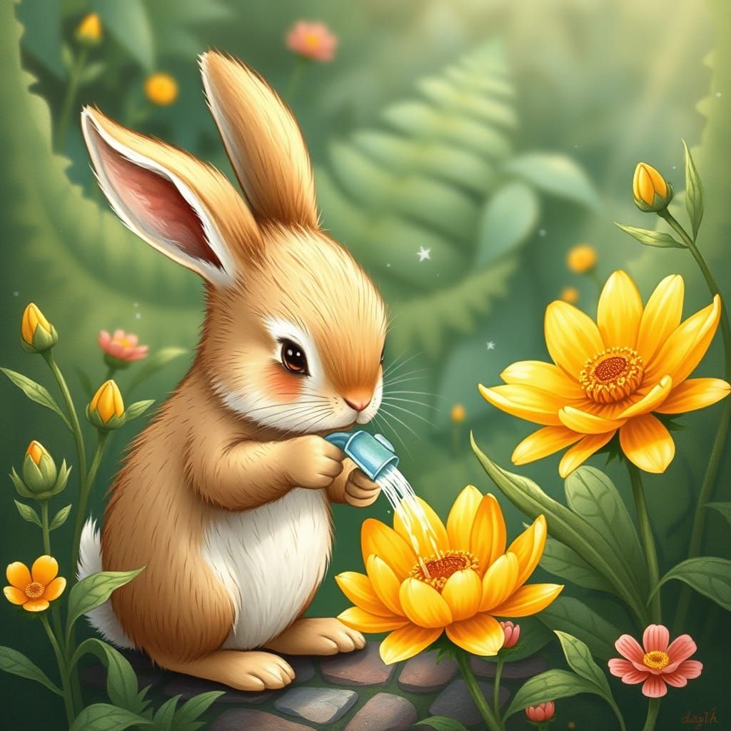 Whimsical Bunny Waters Golden Flower