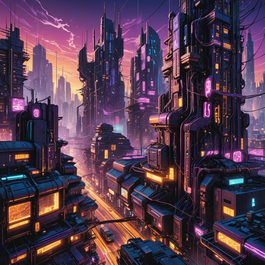Cyberpunk Cityscape with Neon Lights in Hyperrealistic Style