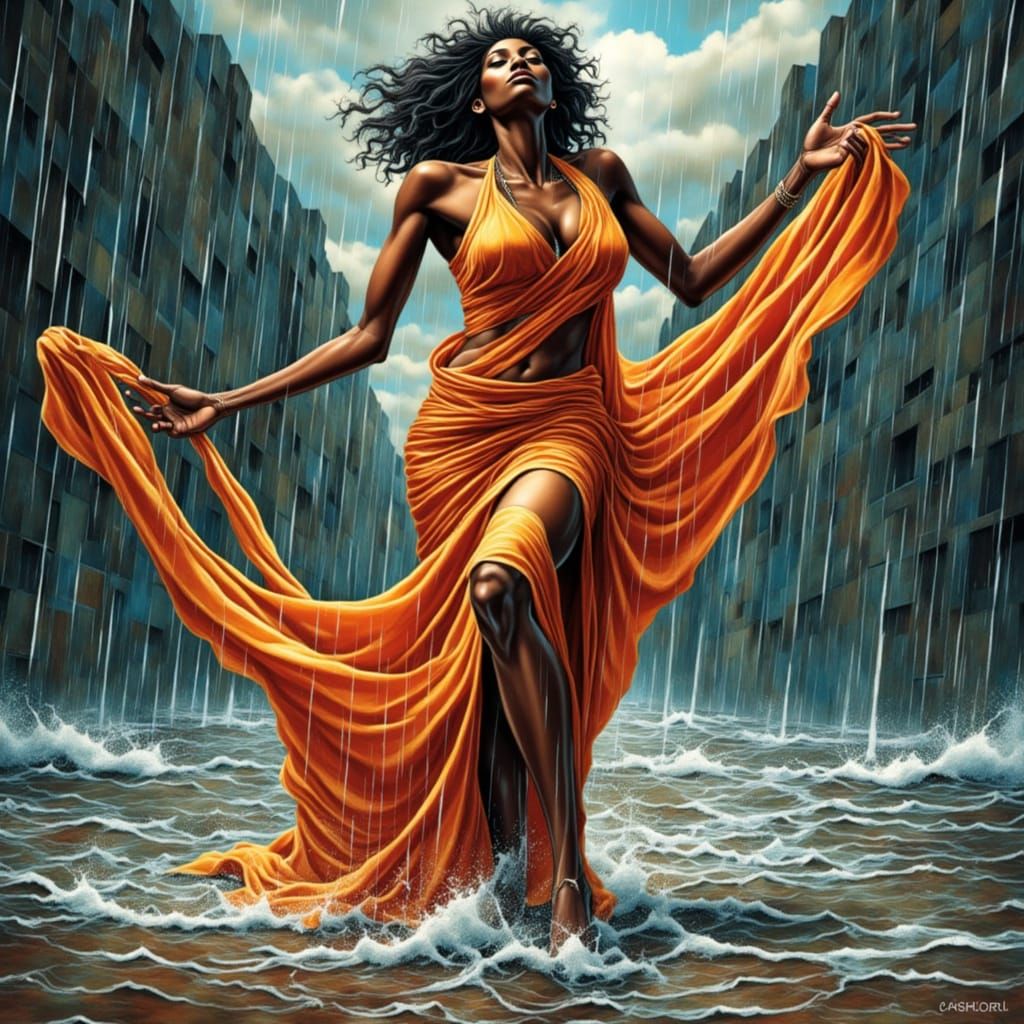Surreal Goddess Dissolves into Turbulent Rain, Embodied Rebe...