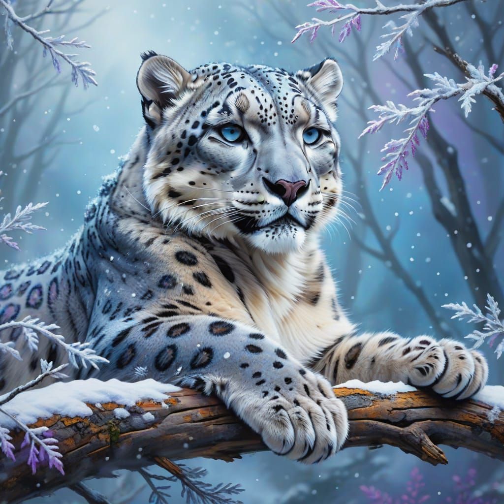 Snow Leopard Lounging in Winter Forest: Digital Painting