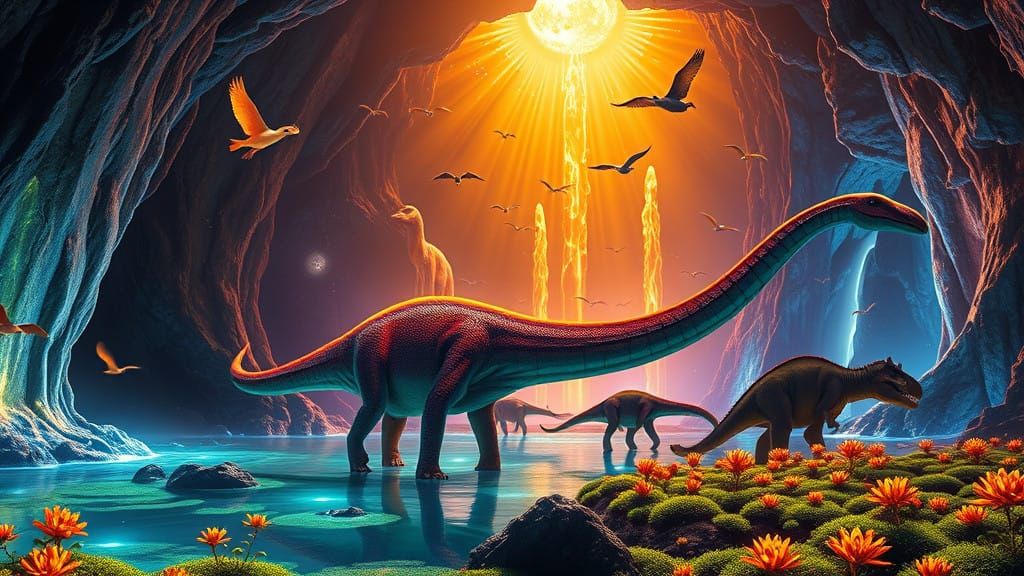 Radiant Prehistoric World in a Glowing Cavernous Landscape
