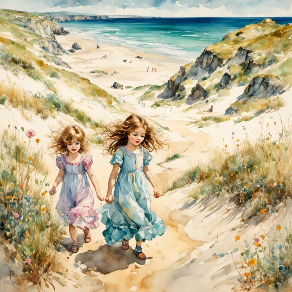 Whimsical Children Playing in Sand Dunes, Klimt Style