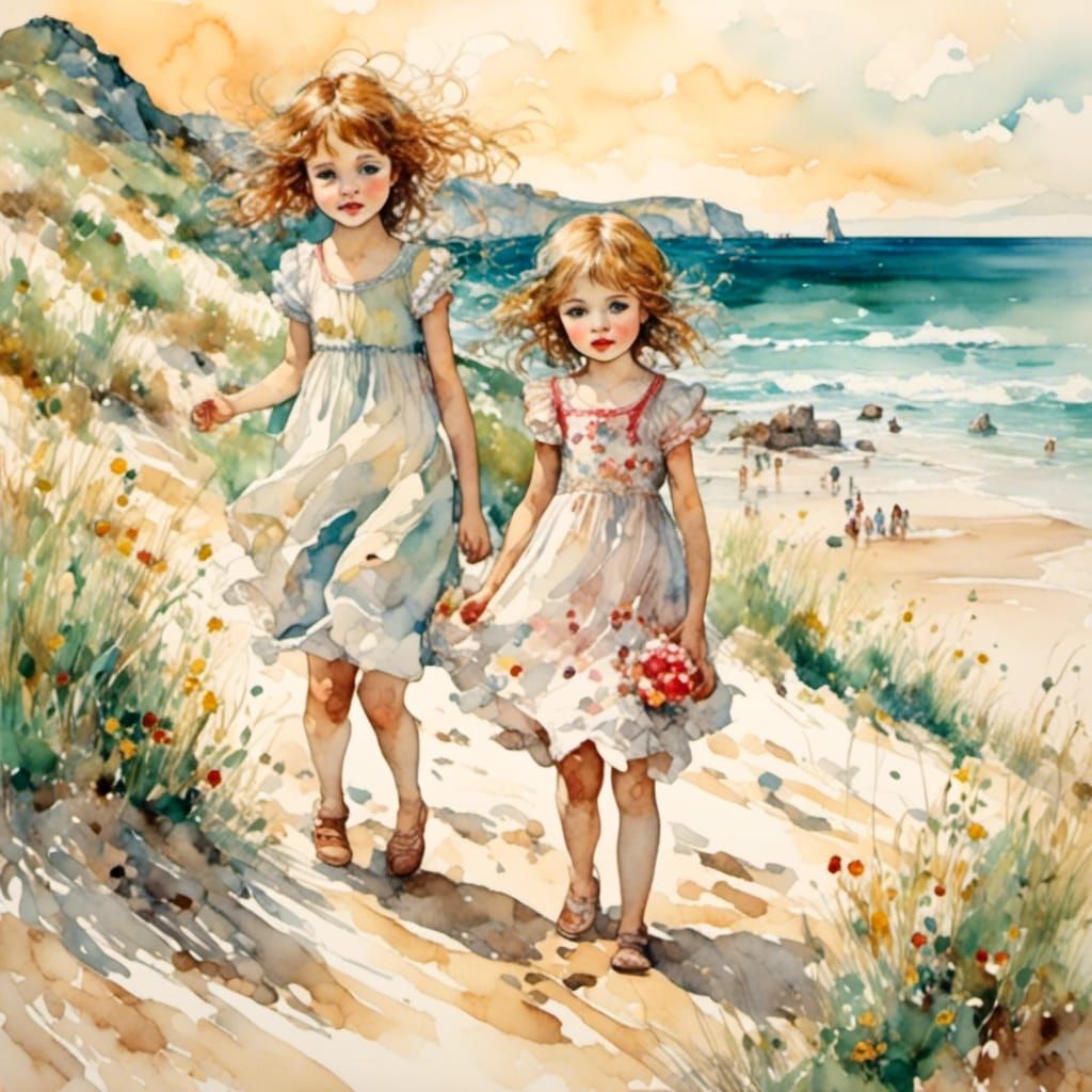 Whimsical Children Playing on Beach, Klimt Style