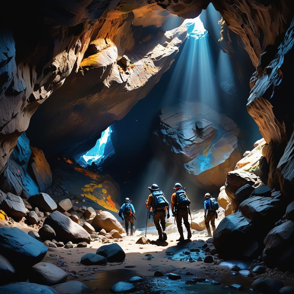 Hyperrealistic Explorers in a Blue Cave