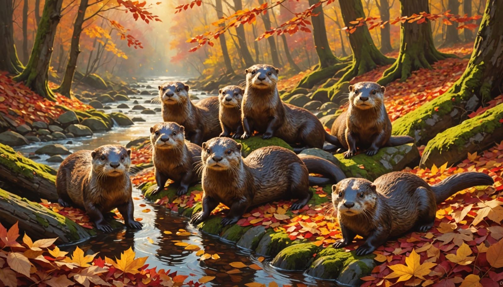 Joyful Otters Slide Down Mossy Bank Into Autumn Leaves
