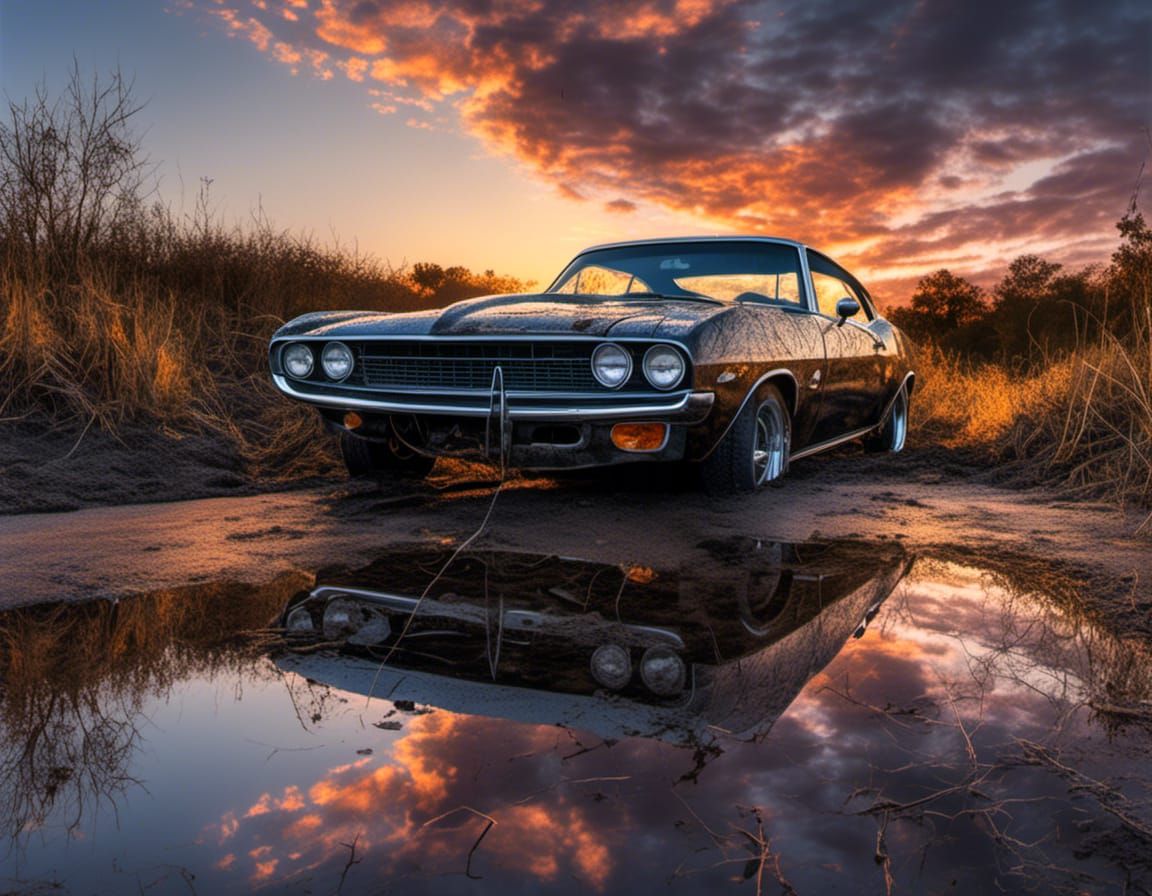 Sunrise Reflection on Abandoned Muscle Car