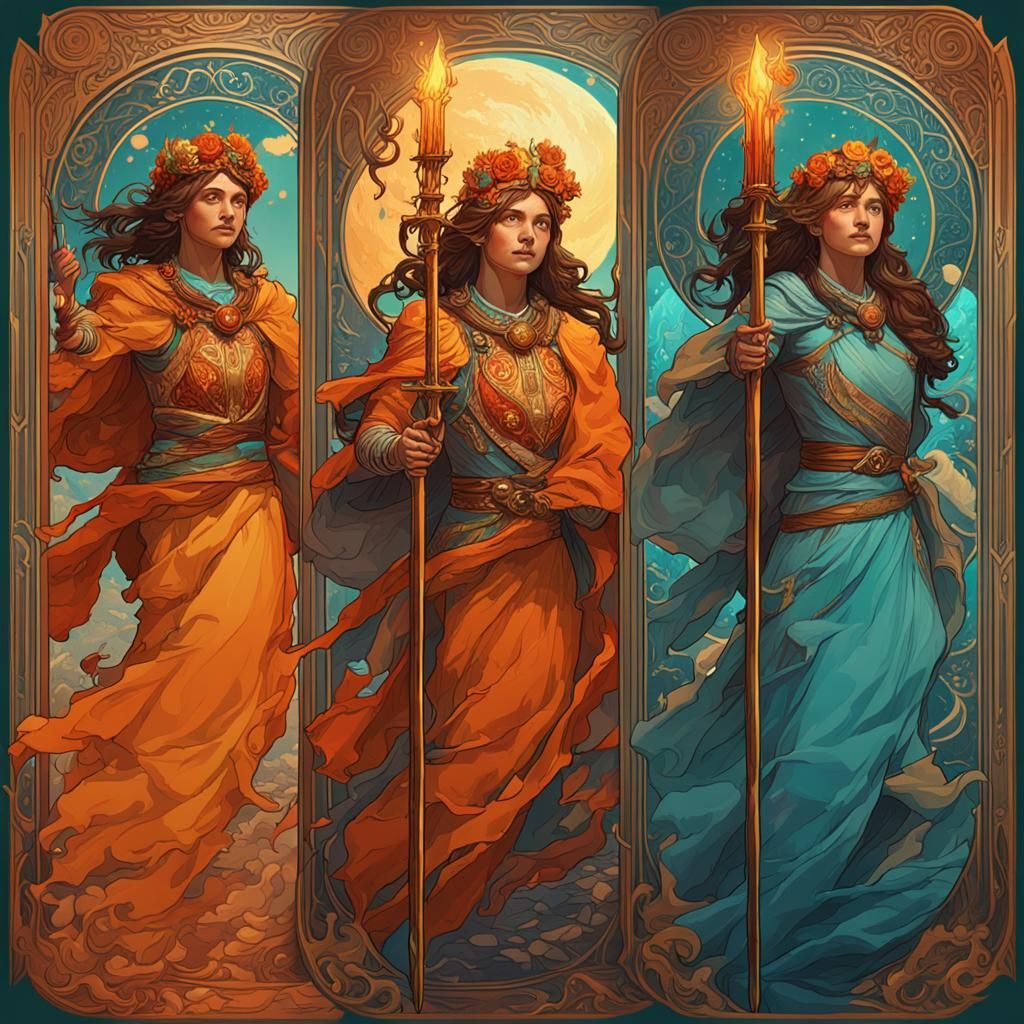 Three of Wands Tarot Card in Digital Art Style