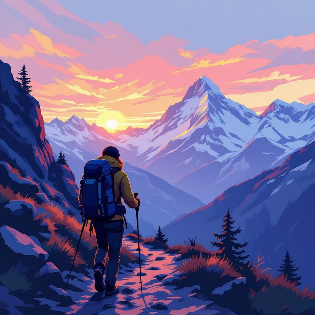 Hiker Ascends Mountain Trail in Atmospheric Style