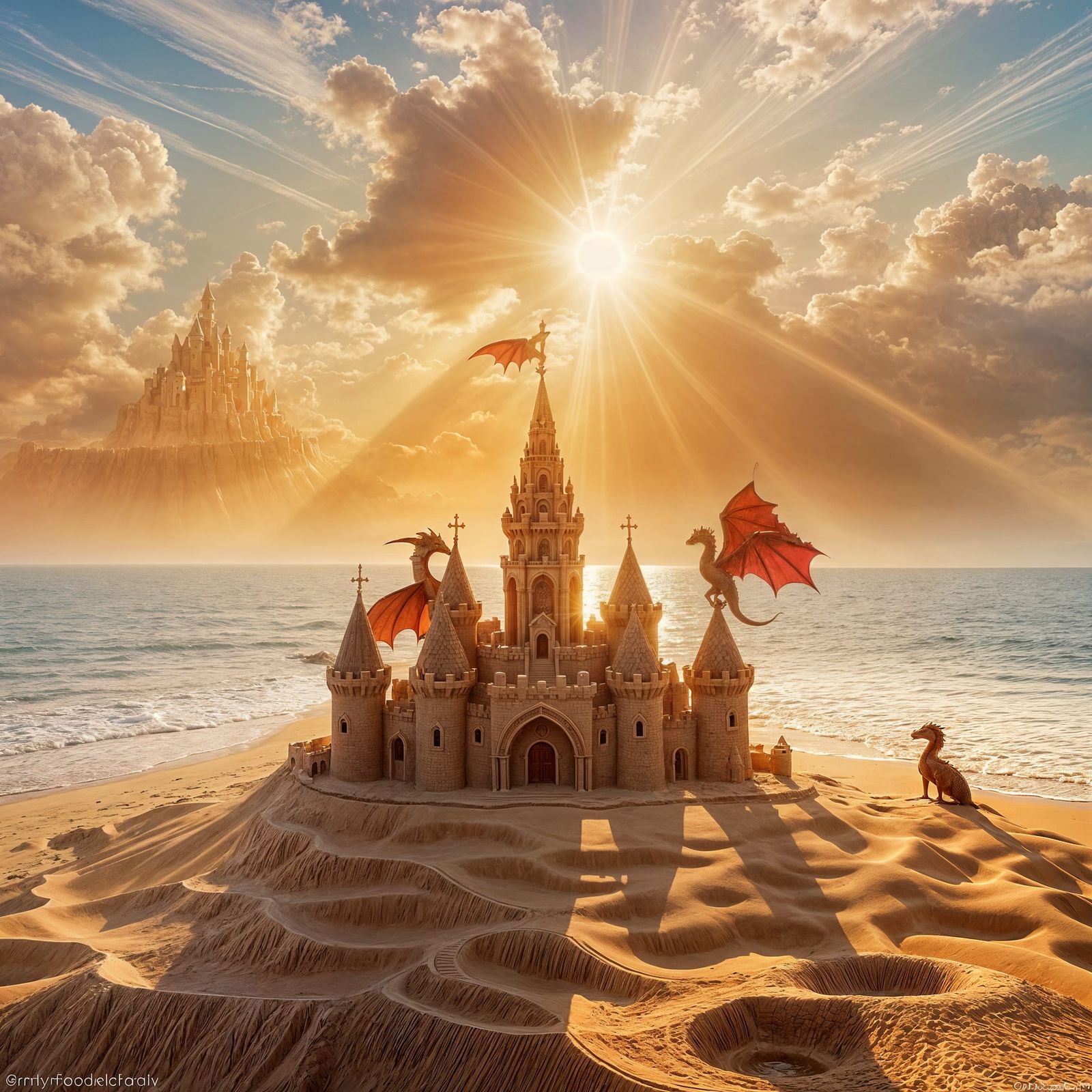 Fantasy Island Sandcastle with Baby Dragons in Sunlight