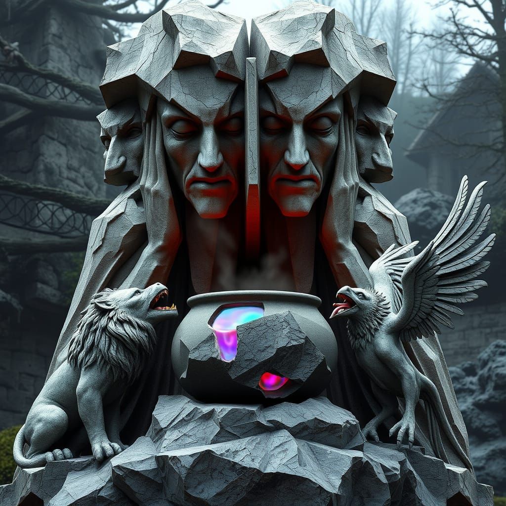 Surreal Monumental Witch Brews Mystical Soup in Brutalist St...