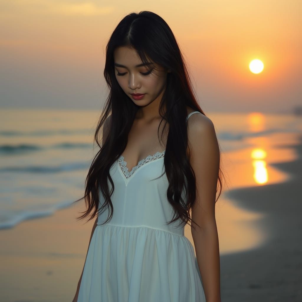 Asian Woman Contemplates Life's Turmoil Along the Sunset Bea...