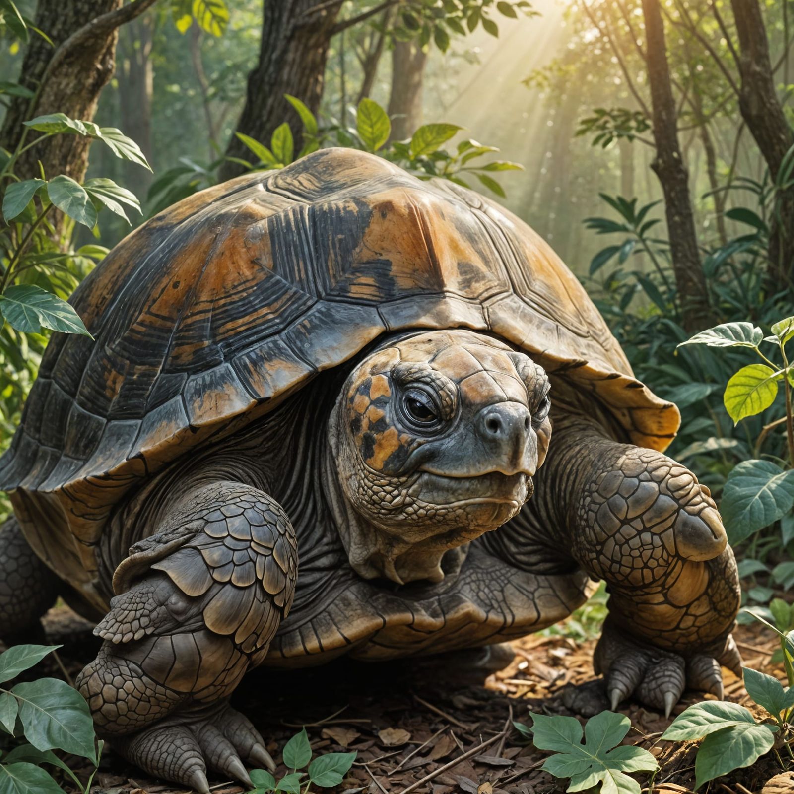 Giant Tortoise Munching on Leaves in a Verdant Paradise
