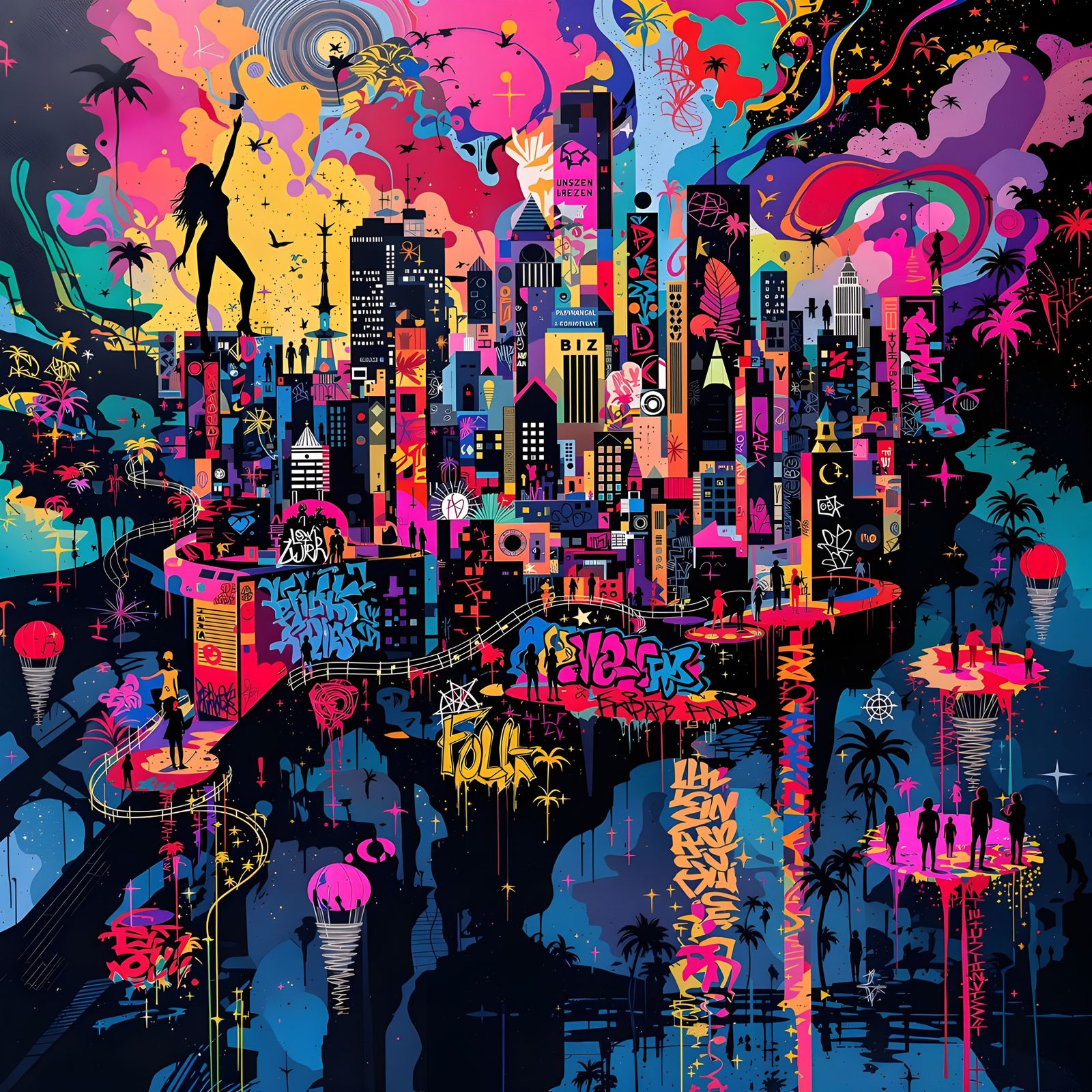 Abstract Cityscape: Music Notes & Graffiti Art Fusion
