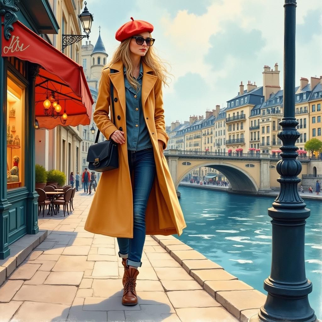 Parisian Woman Strolling Along the Seine in Watercolor Style