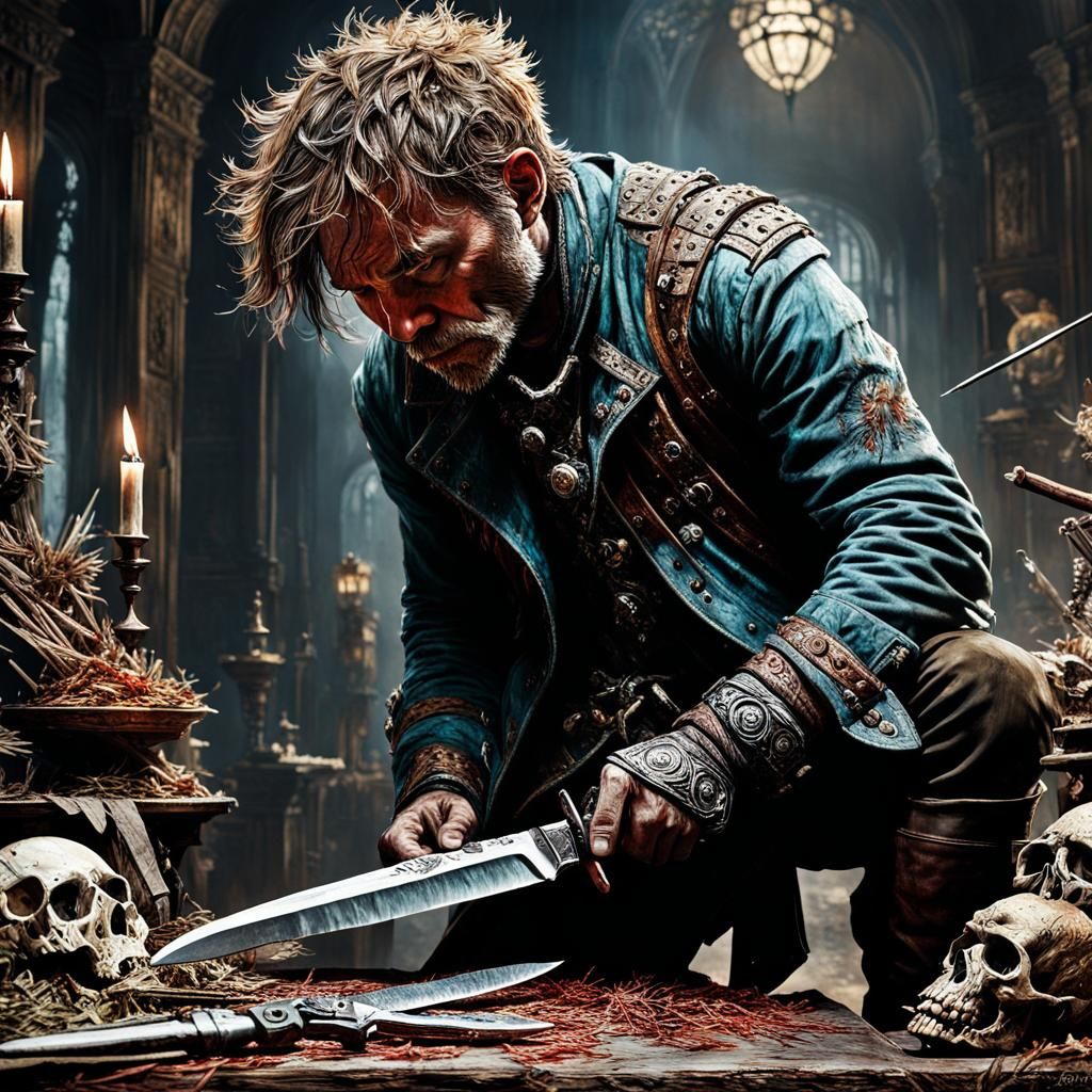 Dark Fantasy Boy with Knife, Hyperrealistic Action