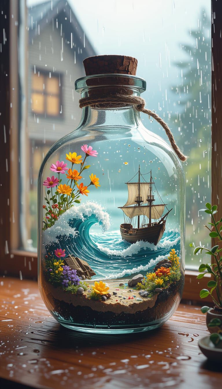 Miniature Ocean Terrarium with Shipwreck, Surreal Style