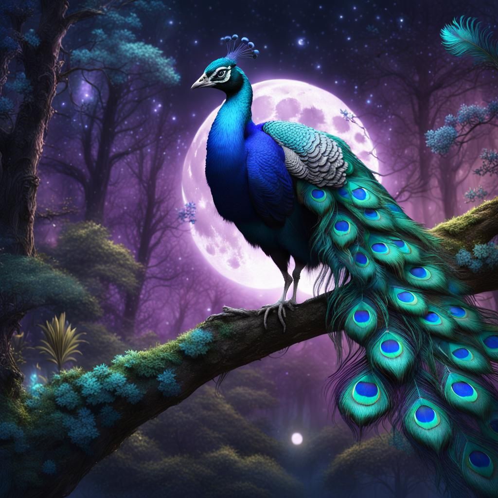 Peacock Displaying Plumage Under Moonlight