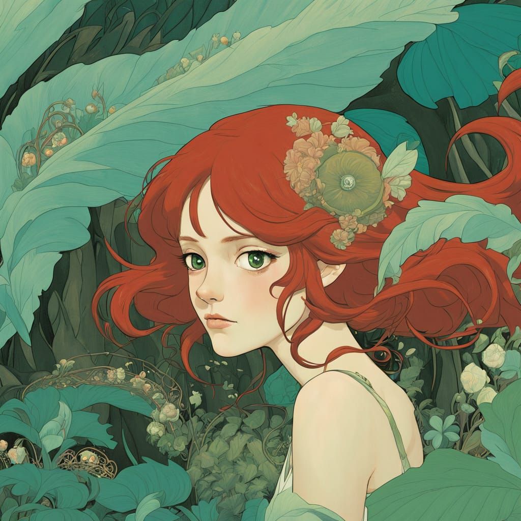 Red-Haired Woman: Ghibli Meets Art Nouveau